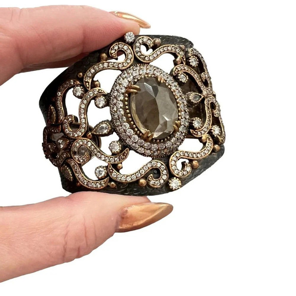 Designer Handcrafted Oxidized Sterling Silver Crystal Embellished Cuff - Picture 7 of 11